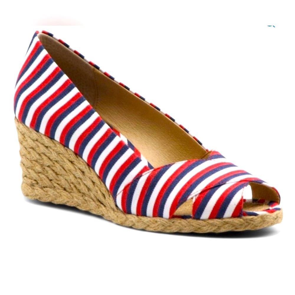 Adrienne Vittadini Red White Navy Striped Espadrille Wedge